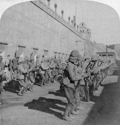 Inspection of the Cheshire Regiment in the fort at Johannesburg, Boer War, South Africa by Underwood and Underwood