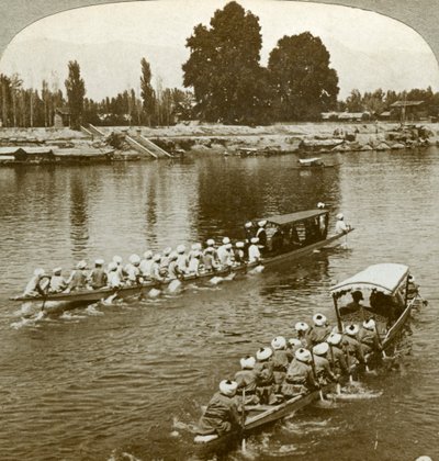 Lady Curzon travelling on the state barge of the Maharaja, Kashmir, India by Underwood and Underwood
