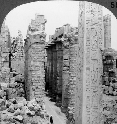 Middle Aisle of the Great Hall and Obelisk of Thutmosis I, Temple at Karnak, Thebes, Egypt by Underwood and Underwood