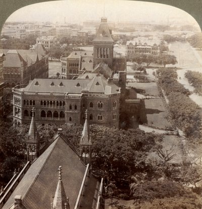 Over University and Secretariat Sq. tower, S. from Rajabai Tower, Bombay, India, 1903 by Underwood and Underwood