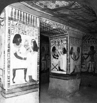 Painted tomb chamber hewn in the rock of the cliffs at Thebes, Egypt by Underwood and Underwood