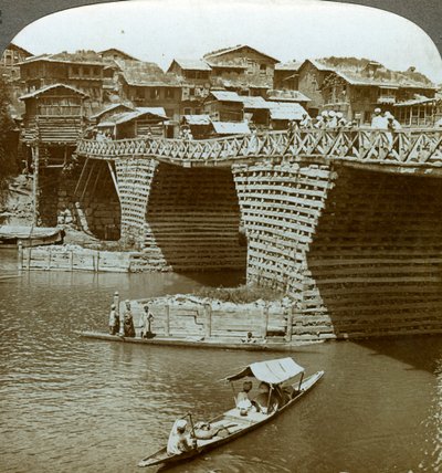 Quaint Bridge and Houses, City of Sun, Kashmir, India by Underwood and Underwood