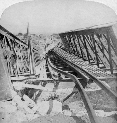 Railway bridge across the Vals River at Kroonstad, blown up by the Boers, South Africa by Underwood and Underwood
