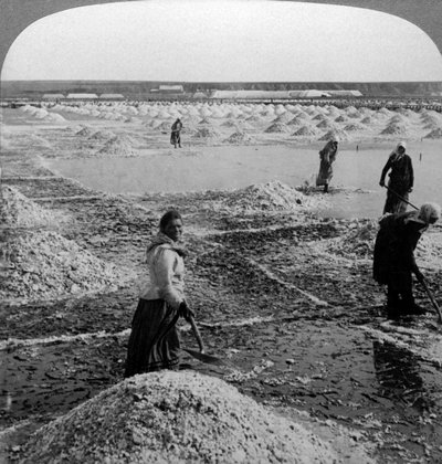 Reservoir After Evaporation, Turning Up the Salt Fields, Solinen, Russia by Underwood and Underwood