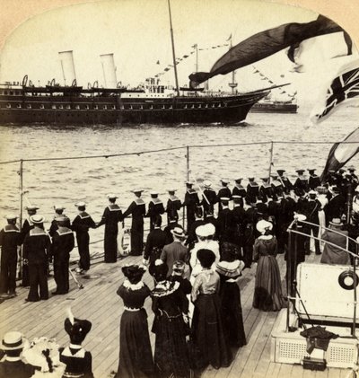 Royal Yacht passing the battleship HMS Nile, Coronation Review, Spithead, Hampshire, 1902 by Underwood and Underwood