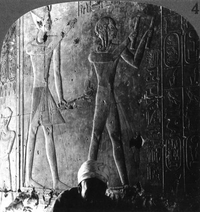 Sethos I and his son Ramses II worshiping their ancestors, Abydos, Egypt, c1900 by Underwood and Underwood