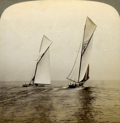 Shamrock I and Shamrock III in a Trial Race off Sandy Hook, USA by Underwood and Underwood