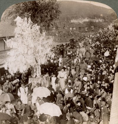 Shinto Procession Carrying Sacred Objects Over a Bridge to the Imperial Museum, Kyoto, Japan, 1904 by Underwood and Underwood