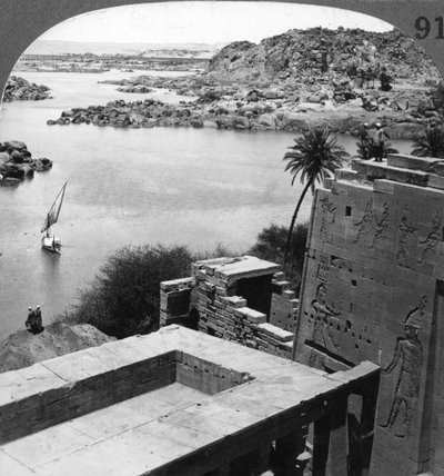 The Aswan dam as seen from the Philae temple, Egypt by Underwood and Underwood