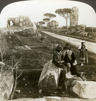Tombs and children in traditional dress, Appian Way, Rome, Italy by Underwood and Underwood
