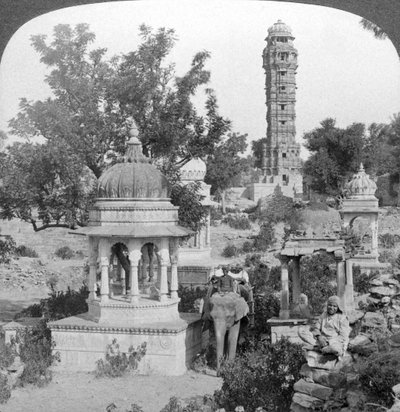 Tower of Victory and royal cenotaphs, Chittaurgarh, India by Underwood and Underwood
