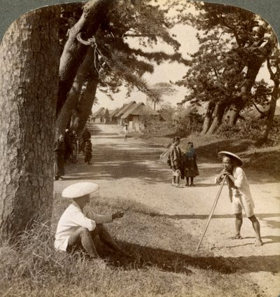 Travellers Resting Under the Pines at Suzukawa, Old Post Road from Tokyo to Kyoto, Japan by Underwood and Underwood