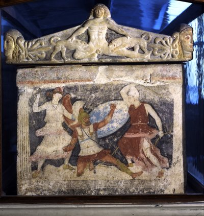 A Greek fighting two Amazons from the end of the sarcophagus of the Amazons, with Acteon torn apart by Dianas dogs in relief on the lid, from Tarquinia by Unknown