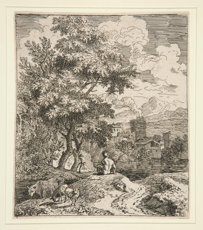 A Shepherd, Two Sheep, and a Cow in a Landscape by Unknown