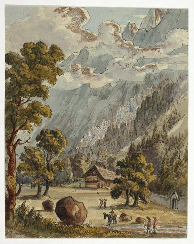 Chalet and Garden below Alps (front); Village & Glacier du Boissons, Chamix (back) by Unknown