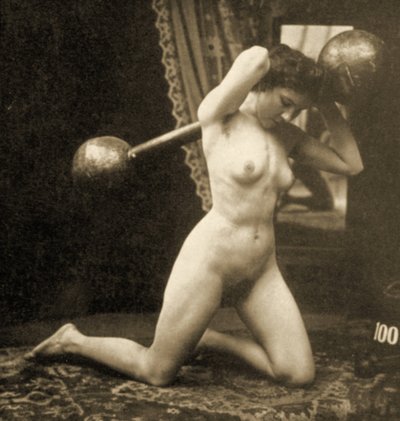 Female Nude Exercising with a Globe Barbell by Unknown
