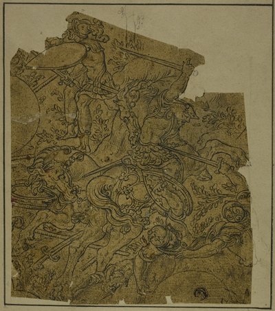 Fragment: Armed Warriors on Horseback Fighting Foot Soldiers by Unknown