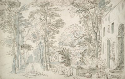 Garden with Fountains and Potted Shrubs by Unknown