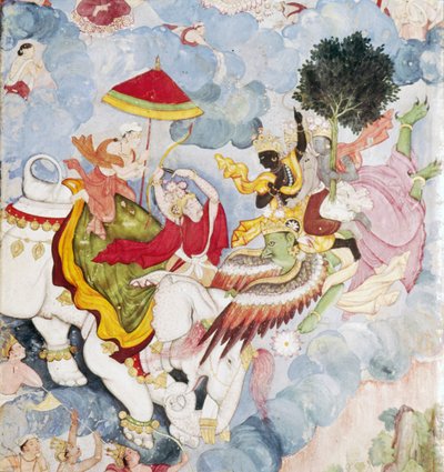 Krishna on Bird-God Garuda Fights Indra on Elephant, Harivamsa Manuscript by Unknown