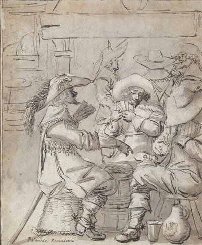 Men Playing Cards (recto); Inn Interior with Standing Man Smoking (verso) by Unknown