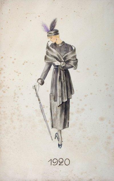Model wearing a coat and a hat with feathers, carrying an umbrella by Unknown