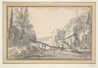 Mountainous Landscape with Wooden Footbridge by Unknown