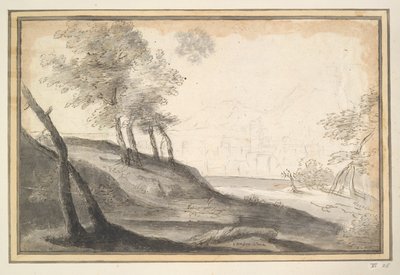 Mountainous landscape with trees and city in distance by Unknown