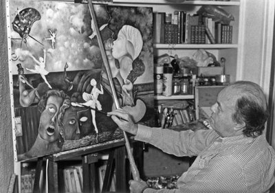 Pierre Velly Alias Pierre De Varga In His Workshop Giving A Last Touch To One Of His Canvas April 11, 1986 by Unknown