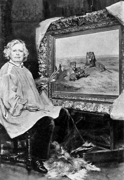 Rosa Bonheur (1822-1899) French wildlife painter here in front of one of her canvas representing lions c. 1875 by Unknown