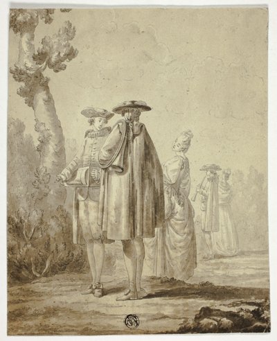 Three Musicians and Two Ladies in Outdoor Setting by Unknown