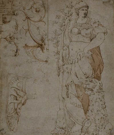 Three Sketches: Fortitude, a Sandal, and Grotesques (recto); Sketches of Grotesques, and Roman Cuirass (verso) by Unknown