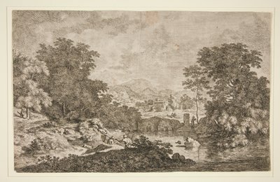 Untitled [Pastoral scene - mountainous landscape near body of water and five figures] by Unknown