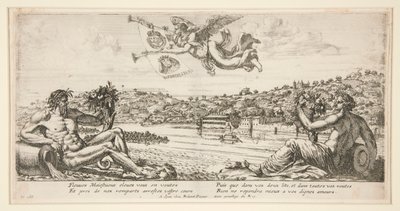View of a City with Two Reclining River Gods and Fame Trumpeting Above with Two Coats of Arms by Unknown