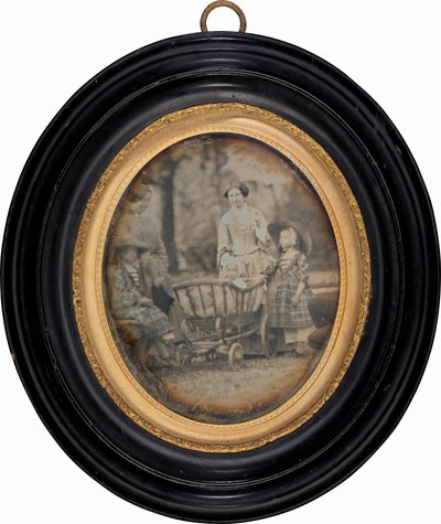 Two Women and Three Children in Garden by Unknown 19th Century