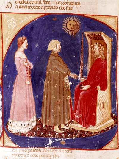 Second heaven: Dante and Beatrice face the Roman Emperor Justinian in the first heaven of Paradise. Illuminated page illustrating a song of Paradise from the 