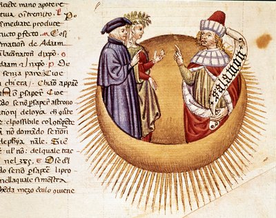 4th Heaven: Dante and Beatrice meet King Solomon. Illuminated page illustrating a song of Paradise from the 