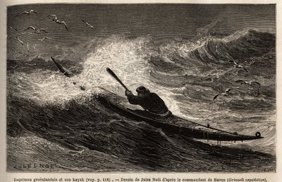 A Greenland kayak, passing the wave barrier. Engraving to illustrate the voyage to the free sea of the Arctic pole, by Doctor Hayes, surgeon of the United States Navy, in 1860-1862, published in 