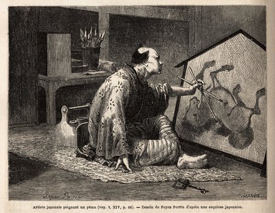 A Japanese artist painting a yema (legendary horse painting). Engraving to illustrate the voyage to Japan, in 1863-1864, by Aime Humbert, minister of the Swiss Confederation, in 