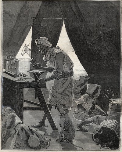 A Kabyle Jeweler in Algeria in the 19th Century. Engraving from 1885 in 