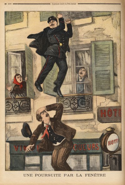 A Montreuil Police Officer Does Not Hesitate to Throw Himself Out the Window to Pursue a Burglar, Who Has Just Jumped to Escape His Pursuers. Engraving in Le petit journal 17/12/1899. Selva Collection. by Unknown artist