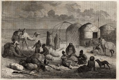 A Turcoman camp in the border area of Turkestan and Persia, each tent, made up of wooden trellis and covered with felt, houses a family. Engraving to illustrate the story of Henri de Blocqueville 