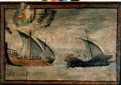 A Turkish galley pursues a galley from the Kingdom of Naples. Ex-voto of the 17th century. Church of the Madonna dell