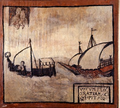 A barbaresque galley is chasing a boat of Neapolitan fishermen. Ex-voto of the 17th century. Madonna dell