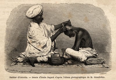A barber working in the streets of Calcutta. Engraving to illustrate the voyage in the meridional provinces of India, by Alfred Grandidier, in 1862-1864, published in 