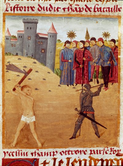 A battle between a Macedonian and an Athenian. Miniature from 