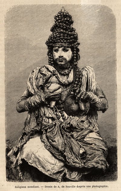 A beggar religious. Engraving to illustrate the voyage in the meridional provinces of India, by Alfred Grandidier, in 1862-1864, published in le tour du monde, under the direction of D
