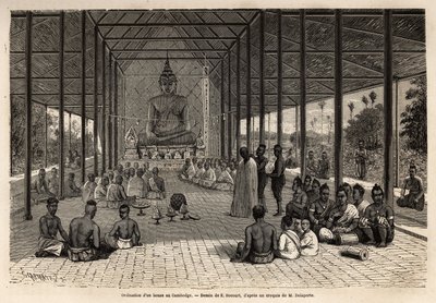 A bonze ordination ceremony in a temple near Angkor, Cambodia. Engraving illustrating a voyage of exploration in Indochina by Francis Garnier, published in 