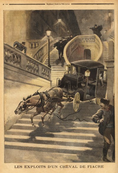 A carriage horse, abandoned by its coachman, engages in the stairs of Rue d