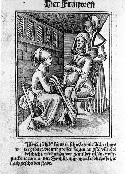A childbirth. Xylography of Konrad Merkel after “Der swangern frawen und hebammen Rosengarten”, Hagenau by Unknown artist