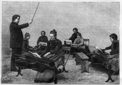 A concert of monocords performed by young girls. Engraving in 
